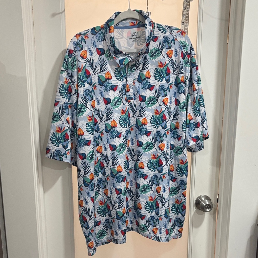 XCVI Men’s Light Blue Tropical Floral Polo with Green & Orange Accents
